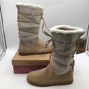 Muk Luks Womens Tan Suede Knit Tall Boots Memory Foam Water Repellent Size 11